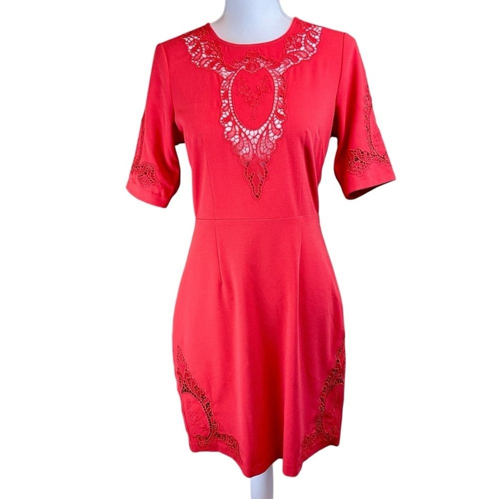 ROBERT GRAHAM Red Amadea Lace Silk Dress Small Short Sleeve Wool Cashmere Party